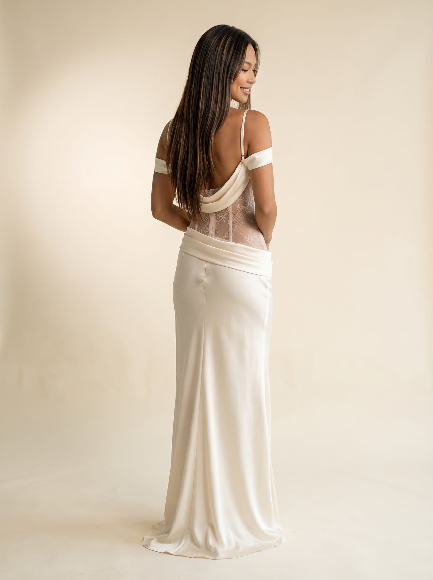 Laura Long Dress — ivory satin column gown — Soléia House back
