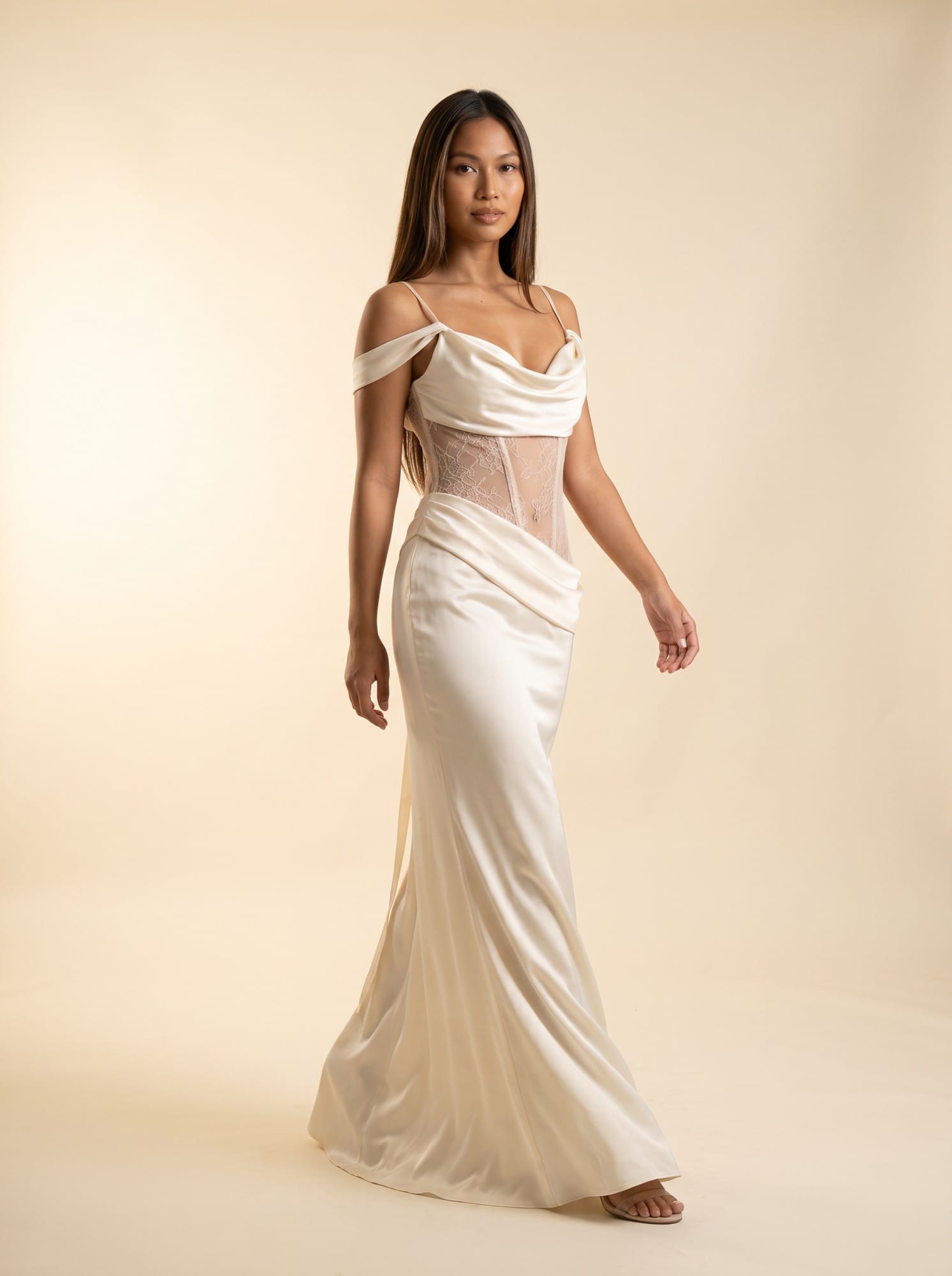 Laura Long Dress — ivory satin column gown — Soléia House walk